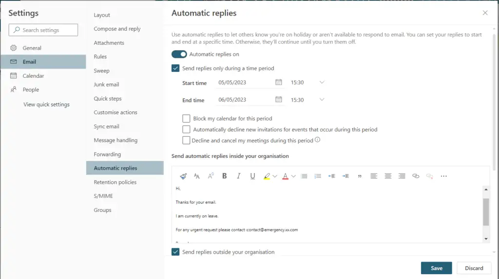 Setup Automatic reply on email 