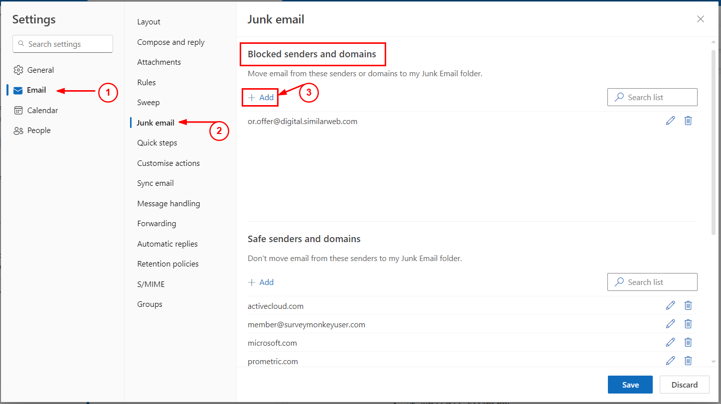 outlook on the web settings page
