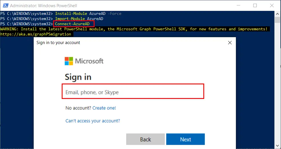 Connect to Azure Ad using PowerShell